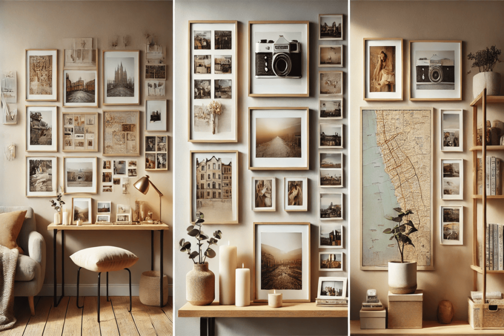 Três formas criativas de decorar suas paredes: quadros sem moldura para um visual moderno, uma parede temática que conta histórias e prateleiras práticas para fotos e decorações